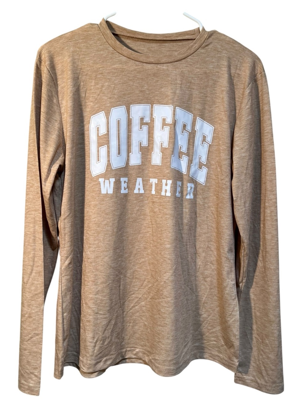 Women’s Size Small Long Sleeve T-Shirt Beige Tan White Coffee Weather Crewneck